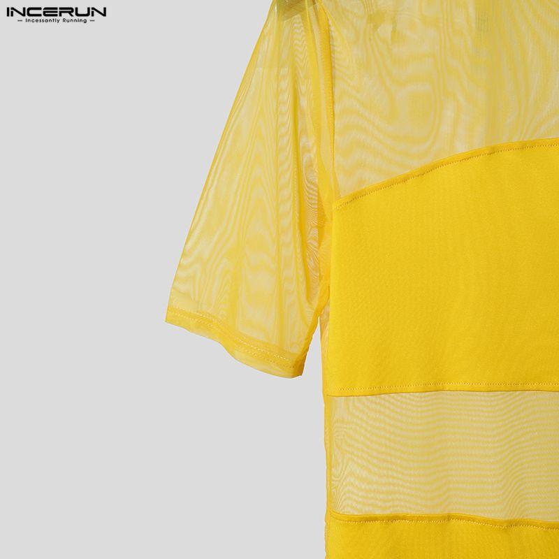 INCERUN Summer Men O Neck Short Sleeve Mesh See Through Patchwork T-shirts Tops