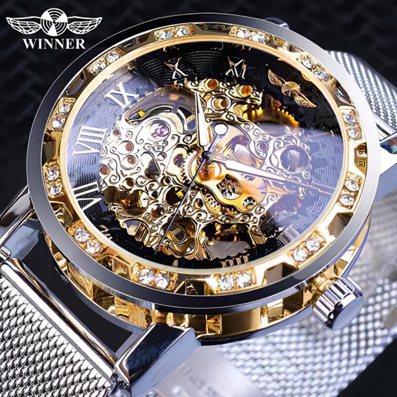 WINNER Goldene Uhren Männer Skeleton Mechanische Uhr Kristall Mesh Schlank Edelstahl Band Top Marke Luxus Hand Wind Armbanduhr Business Uhr