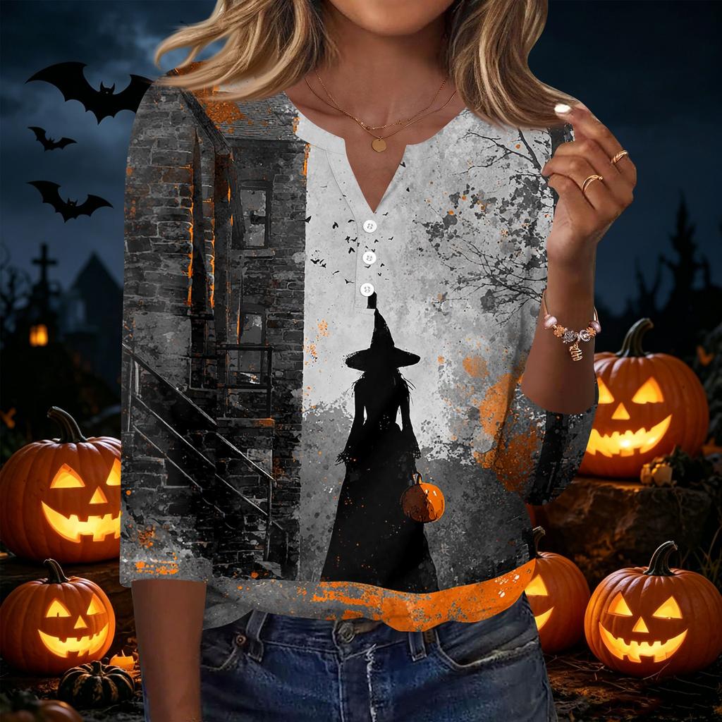 Women's Casual Halloween Print V Neck Button Front Three Quarter Sleeve T Shirt Top Lightweight Soft Fabric Comfortable Fit