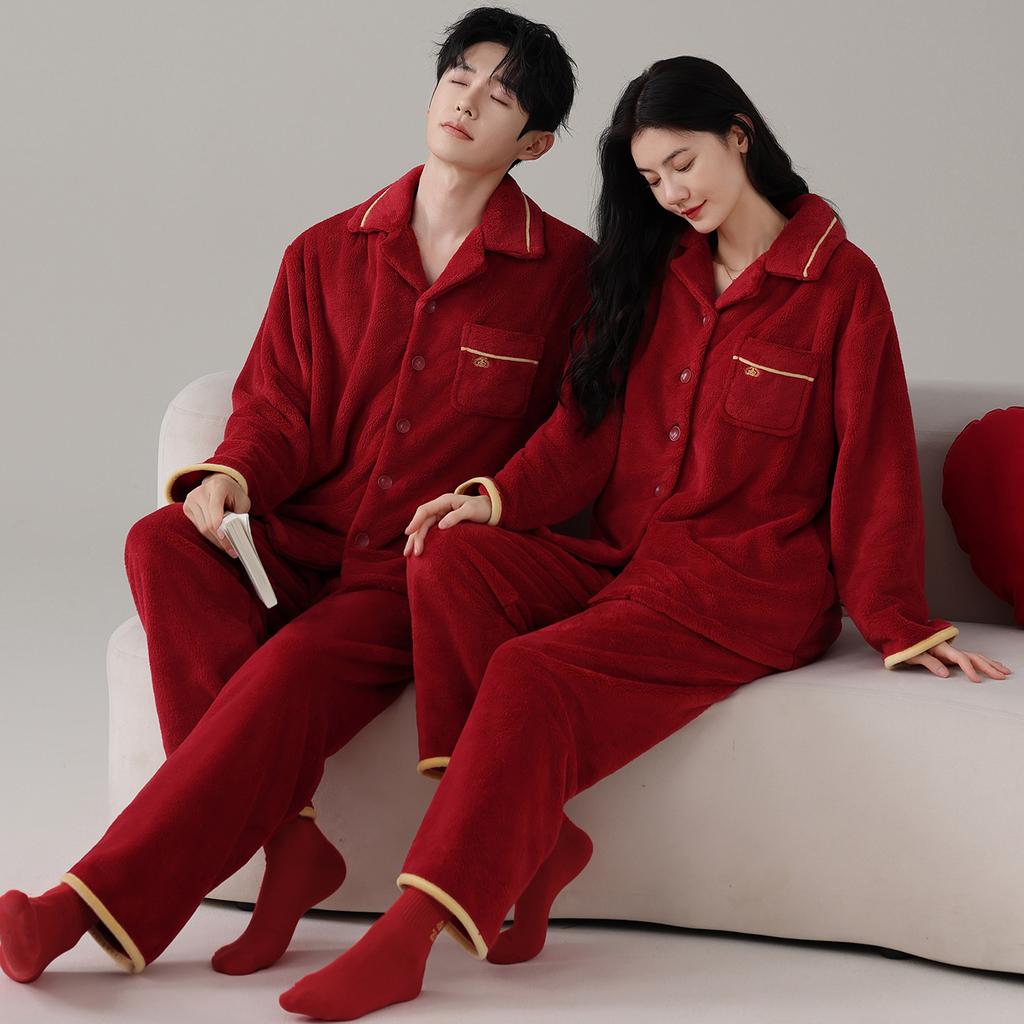 Red Wedding Couple Pajamas Women'S Coral Fleece Thickened Warm Wedding Flannel Loungewear Natal Year Suit Men