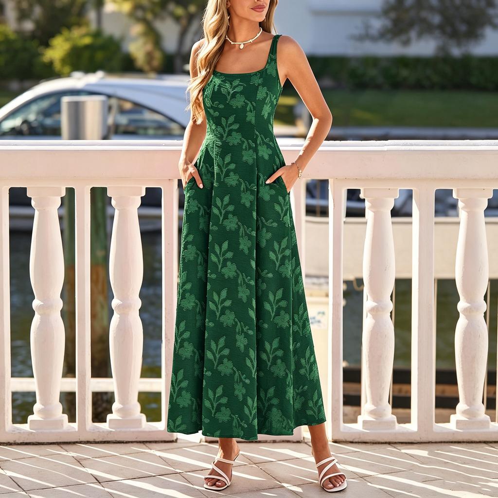 Women’s Sleeveless Maxi Dress with Square Neck Adjustable Straps and Shirred Detailing for Casual or Formal Wear