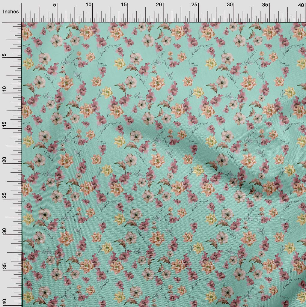 oneOone Cotton Flex Aquamarine Fabric Flower & Leaves Watercolor Sewing Fabric By The Yard Printed Diy Clothing Sewing Supplies 40 Inch