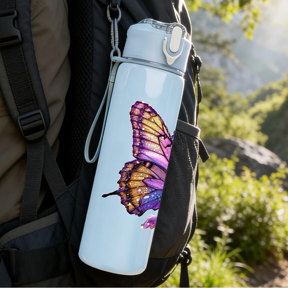 1PC Colorful Butterfly On Purple Flower Print 750ml Color Plastic Sports Water Bottle Leakproof Flip Straw Lid Suitable for Sports Office Home Use