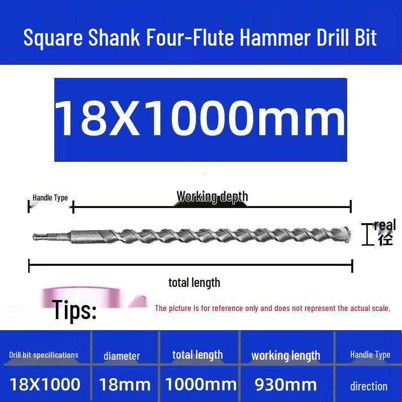 Extended Electric Hammer Drill Bit, Square & Round Shank, for Concrete Piercing - Available in 500mm to 2m Lengths