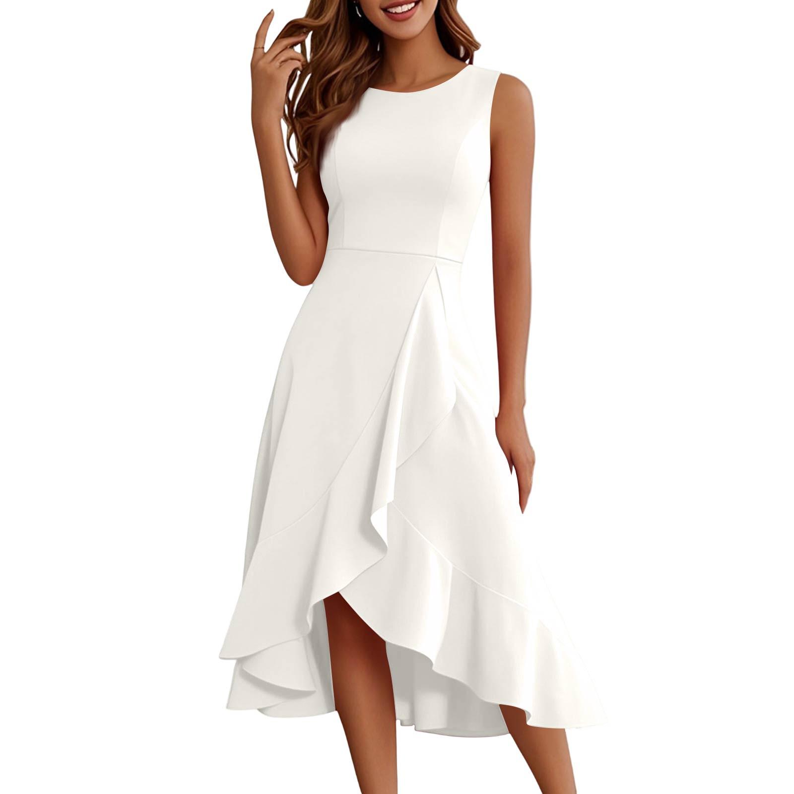 

Женское модное повседневное платье без рукавов с круглым вырезом, однотонное, элегантное, темпераментное, с оборками, платья XXL белый