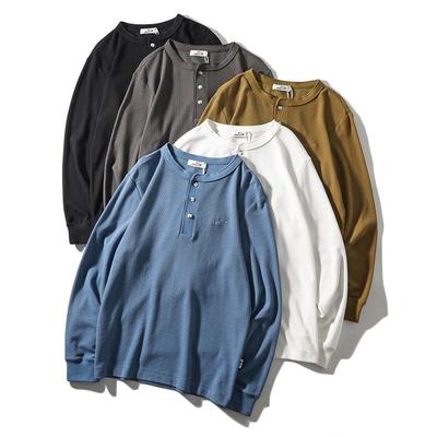 Waffle Henley Shirt Men's American Heavy Weight Long Sleeves Henry Collar T-shirt Export Export Tail Single Cut Label Menswear Clothing