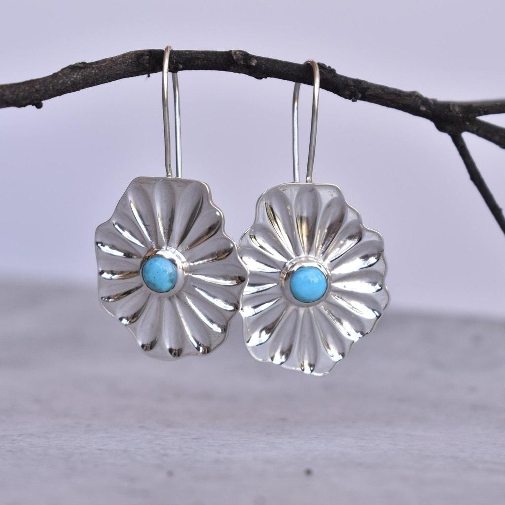 Genuine turquoise earrings, turquoise dangle earrings, bohemian Sterling silver long earrings, Flower dangle, Bridesmaid gift, Gift for her