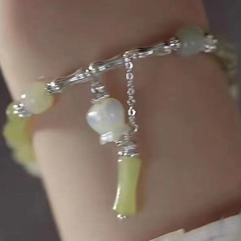 Brățară cu mărgele din bambus verde retro în stil chinezesc pentru femei, bijuterii din aliaj cu farmec simplu pentru femei