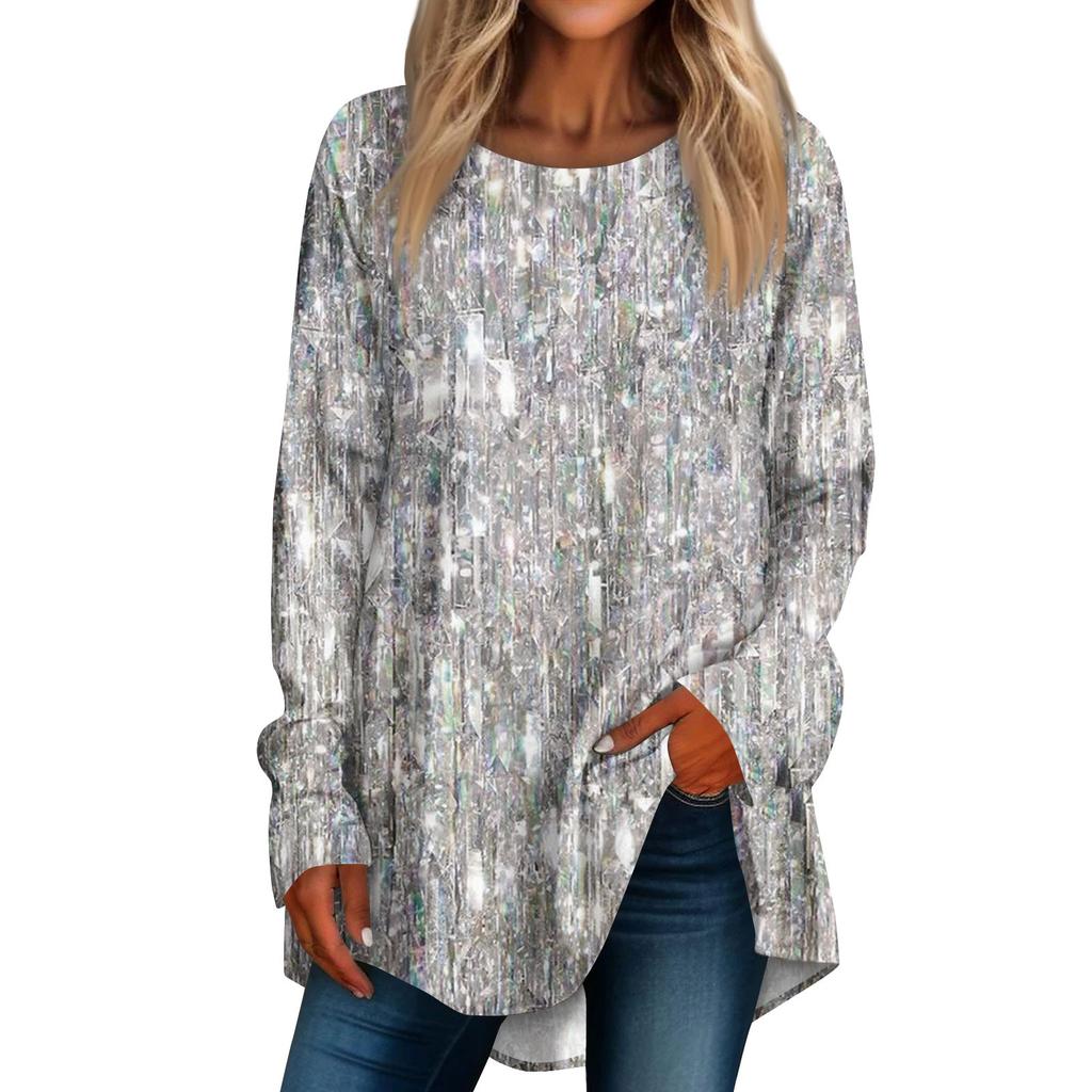 Women's Casual Round Neck Sequin Printed Long Sleeve T-Shirt Top