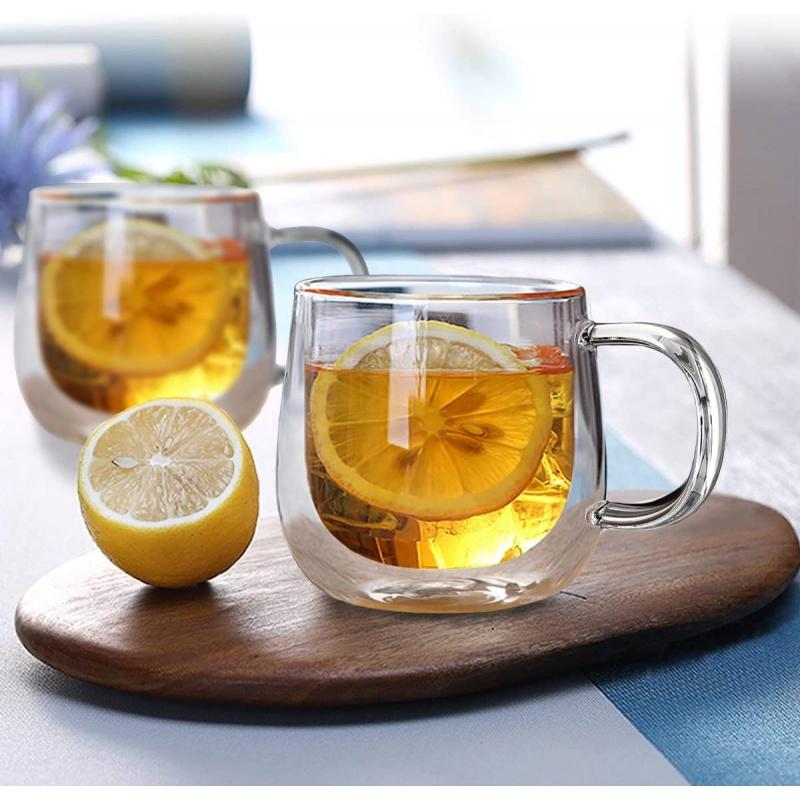 JZ Double Wall Glass Coffee Mugs 10oz Set of 4 Insulated Clear Tea Cups with Handle, Perfect for Espresso, Latte and