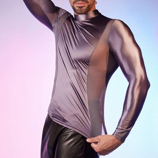 Men Sexy Mesh T-Shirt Oil Glossy Shiny Top Patchwork Tight-Fit Top Breathable Long Sleeve