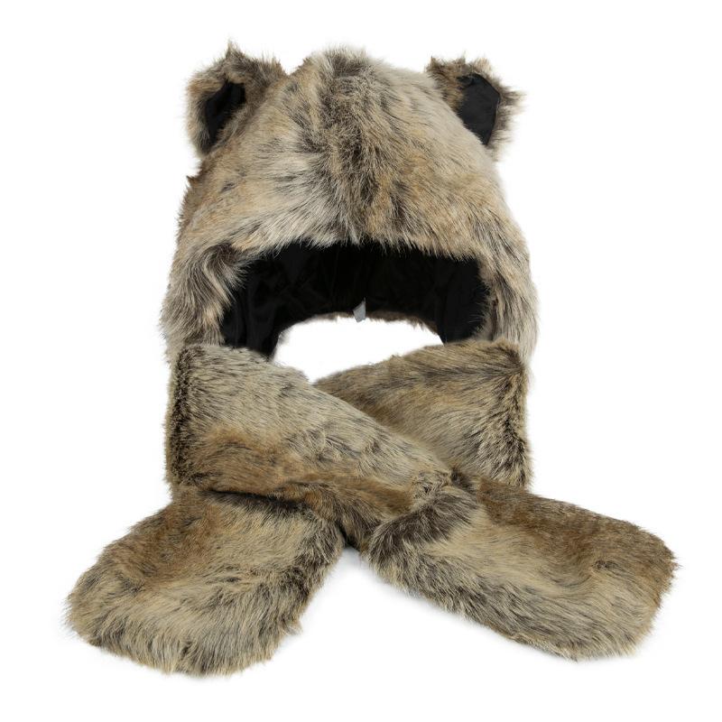 Punk Winter Versatile Abbey Hottie Plush Hat Fox Hair Faux Fur Scarf Gloves Integrated Warm