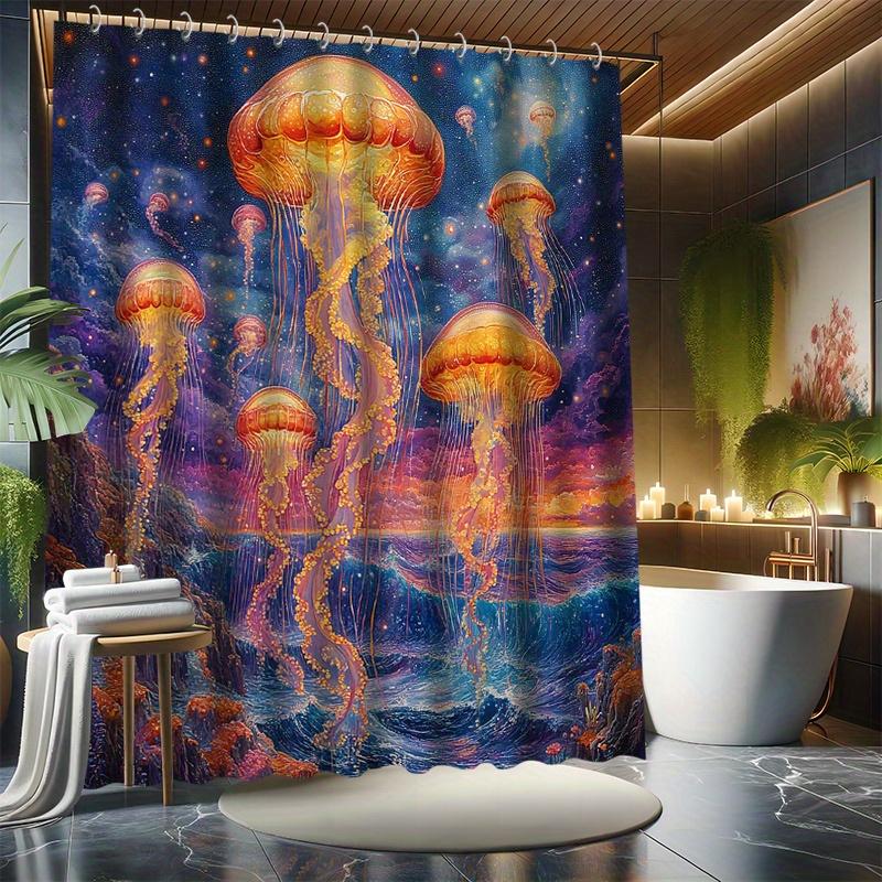 

Orange Jellyfish Shower Curtain Set, Psychedelic Fantasy Landscape, Oil Painting Style, Bathtub Partition, Modern Bath Decor W60H190(CM)-1 Pcs