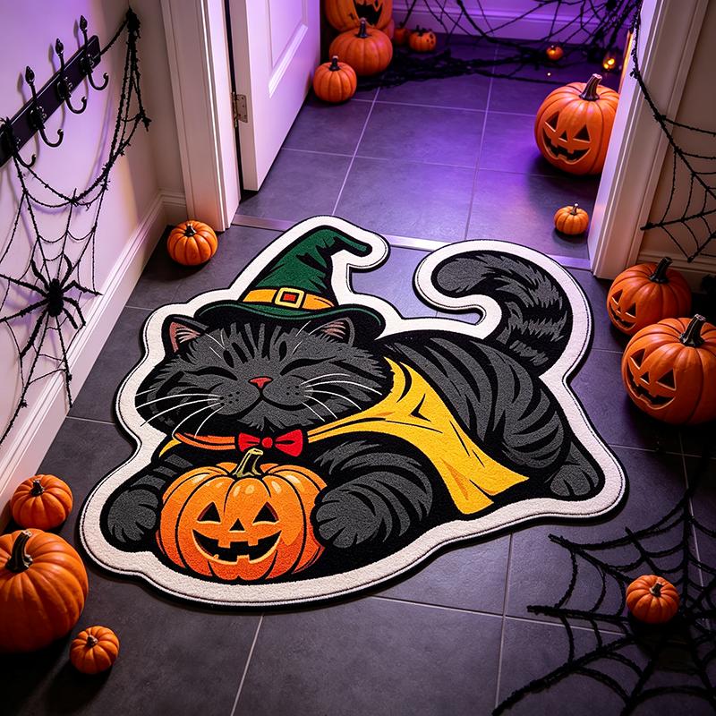 Halloween Cat Shaped Rug, Faux Wool Skull & Pumpkin Design, Non-Slip Soft Mat for Entryway