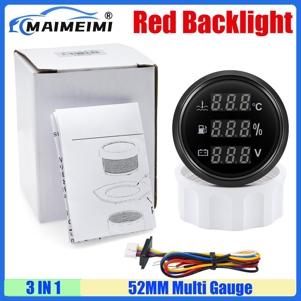 Multifunctional 2"52MM Gauge Digital Water Temperature+Fuel Level Gauge+Voltage with Alarm Red Light for Marine Boat Yacht Car