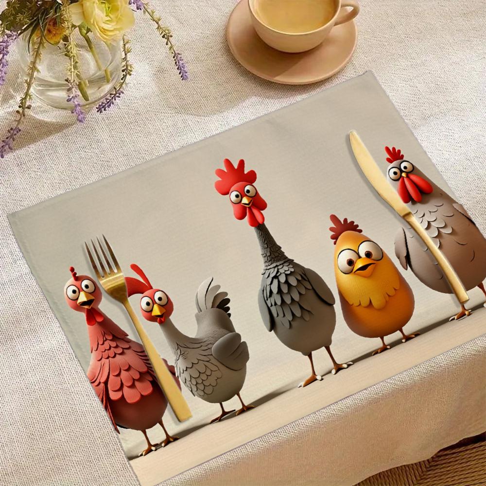

Chicken Family Placemat Set With Cute Cartoon Birds Holding Fork And Knife For Dinner Table Decorative Kitchen Accessories 30x45cm-4Pcs
