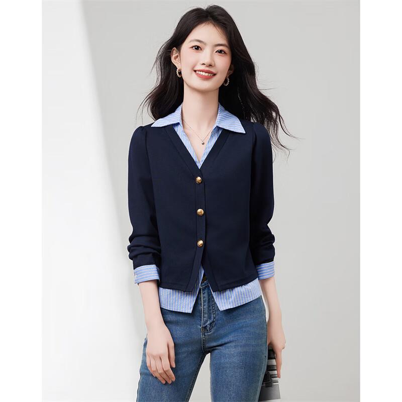 Retro Collegiate Faux Two-Piece Spliced Shirt M