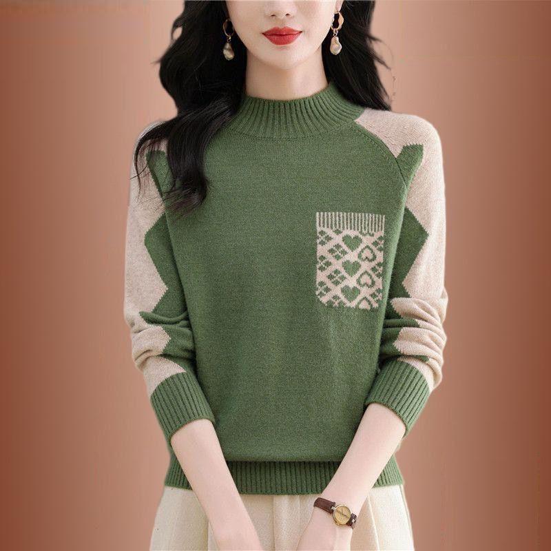 Women's Printed Sweater Autumn Winter Thick Soft Mock Turtleneck Sweater Color Block Loose Knit Pullover Top