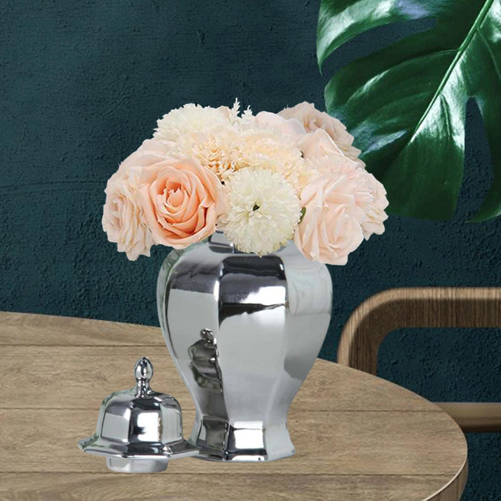 

-Ginger Jar with Lid, -Bud Vase, Decorative Temple Glass, Luxurious Storage for The Entrance Silvery