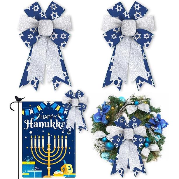 ALIBBON Large Hanukkah Bows for Wreaths, Hanukkah Wreath Bows, White Blue Bows, Menorah Dreidel Bows for Front Door, Hanukkah Decor, Chanukah Holiday Style3