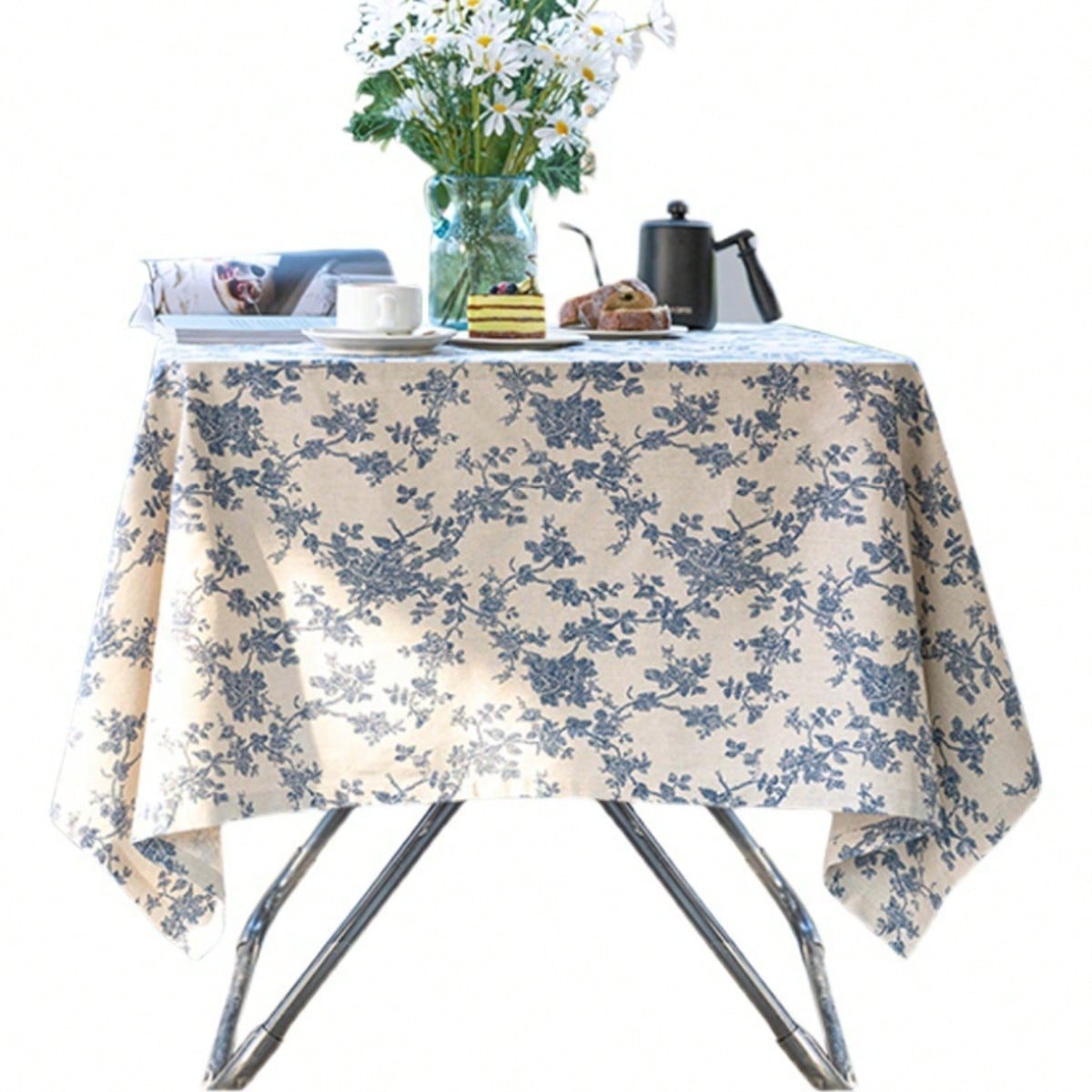 

French Tablecloths Retro Rural Blue Rose Cotton Linen Dining Table Fabric Tablecloth Tea Table Cover Fabric Picnic Cloth 60*60cm