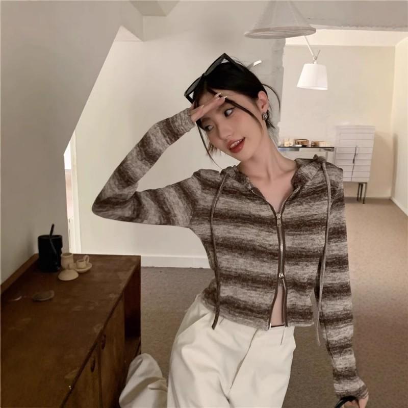 Vintage Y2K Striped Hooded Knit Sweater Women Slim Fit Short Zip Up Top