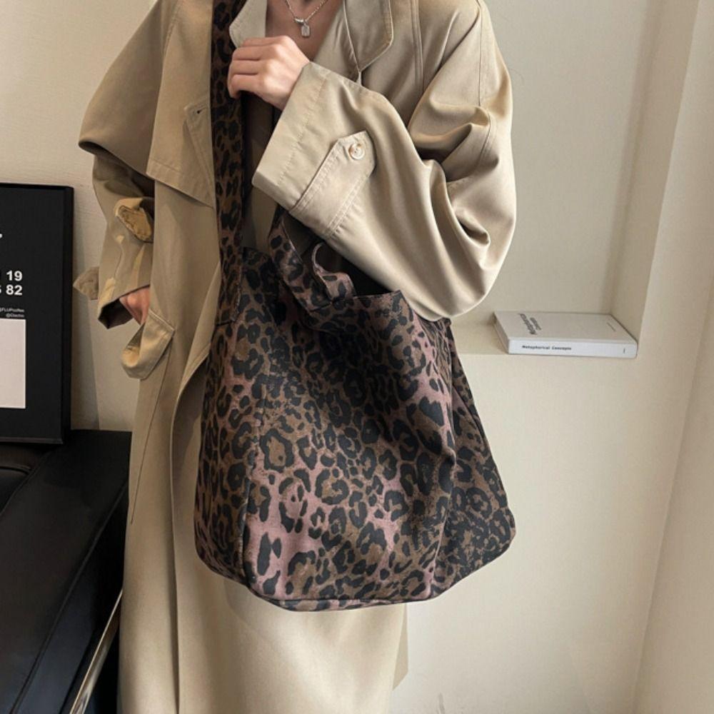 Large Capacity Leopard Crossboby Bag Retro Commuting Handbag Trendy Canvas Tote Bag  Shopping
