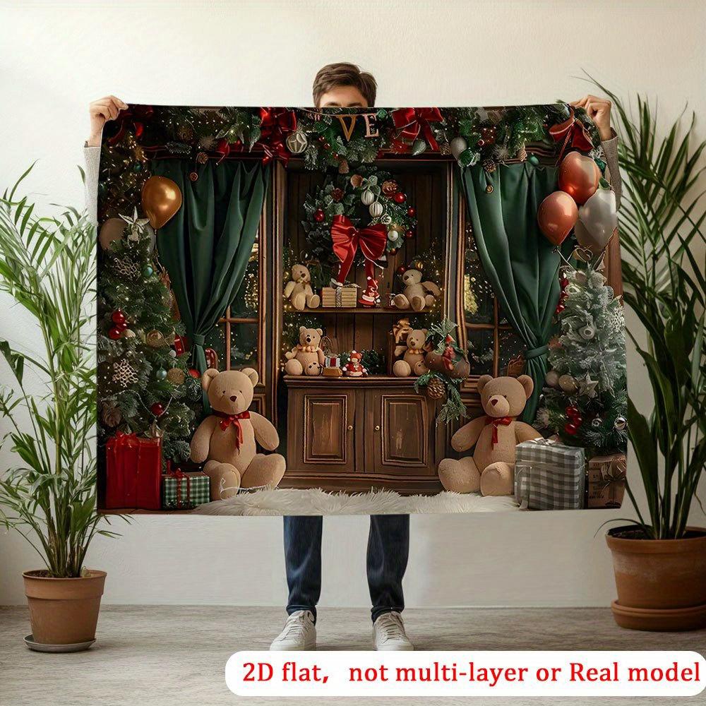 2D flat, 1pc festive Christmas teddy bear background banner, polyester wall decoration with golden tones, indoor/outdoor party