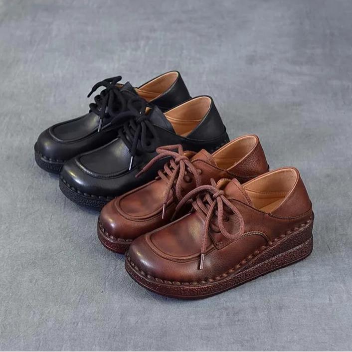 Johnature Genuine Leather Wedges Shoes Versatile Comfortable Soft Soled Lace-up Four Seasons Shoes