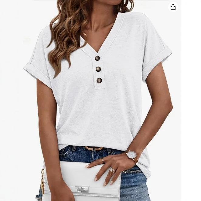 Women's Loose Fit Henley V Neck T‑Shirt Rolled Short Sleeve Casual Summer Daily Wear Blouse Top