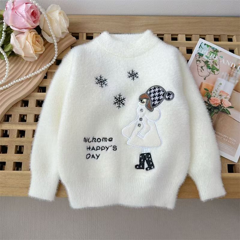 Autumn Winter Children's Sweater Pullover Girls' Round Neck Knitwear Mink Down Children's Long Sleeve Sweater