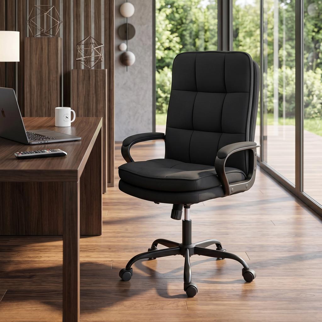 Double Padded Linen-Look Office Chair - Black