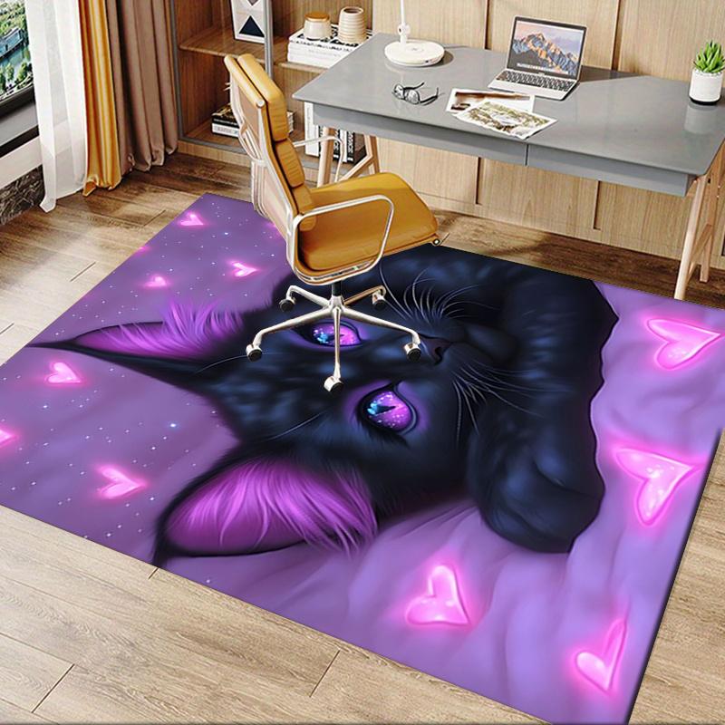 Charming Black Cat Chair Mat Office Carpet with Pink Hearts, Large Rug for Home Decor, Sofa Mat, Gift Idea for Any Room