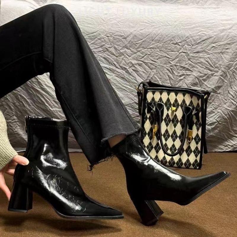 Fall Winter Square Head Patent Leather High Heels Thi Heel Slim Ort Boot Women Faion Boots Waterproof Platform Ortie