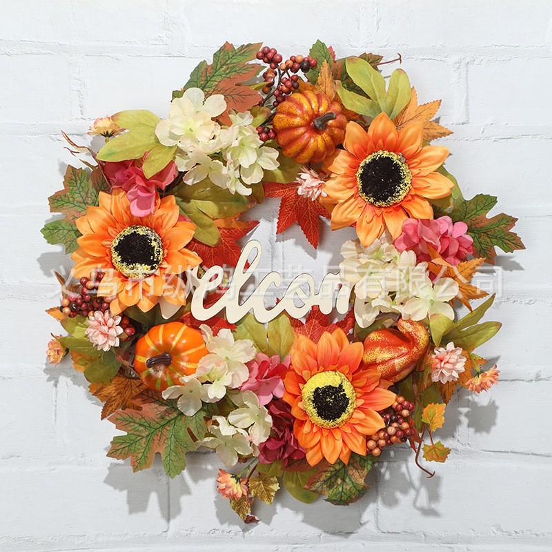 Artificial Maple Leaf Garland With Pumpkin Decor Halloween Door Hanging Party Decoration