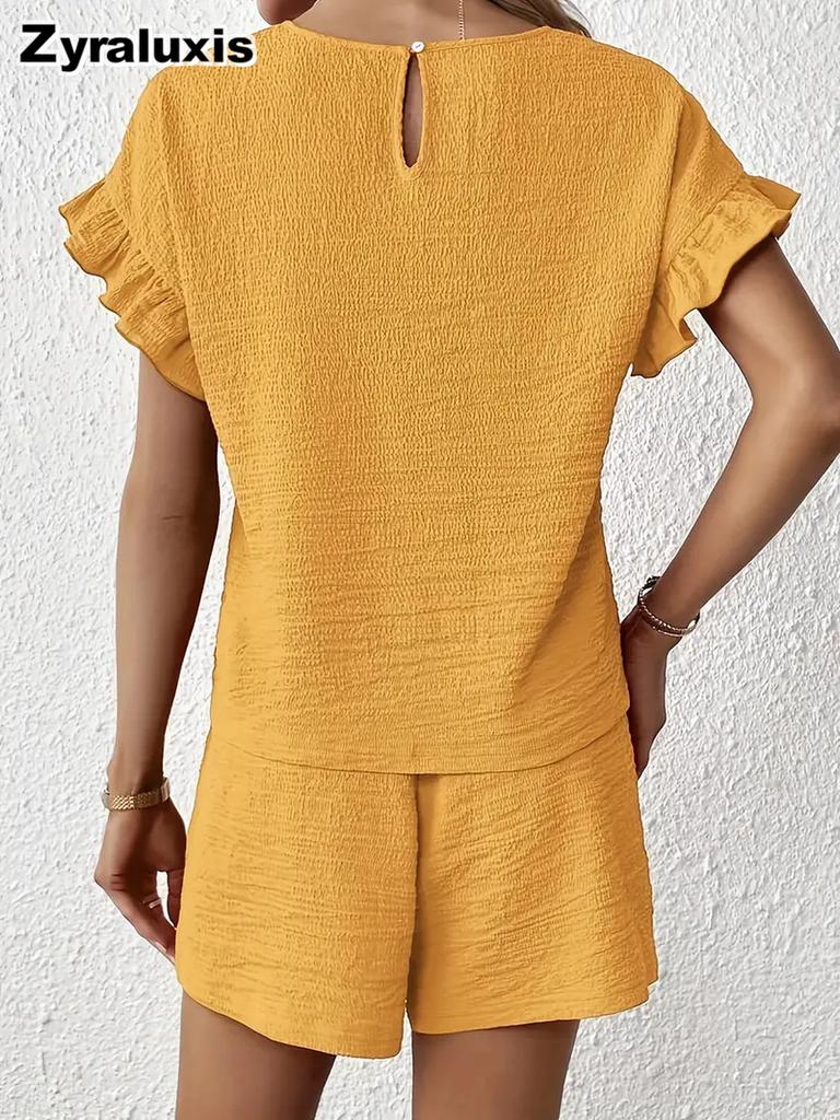 New Solid Color Summer and Spring Casual Two-Piece Set Top and Shorts