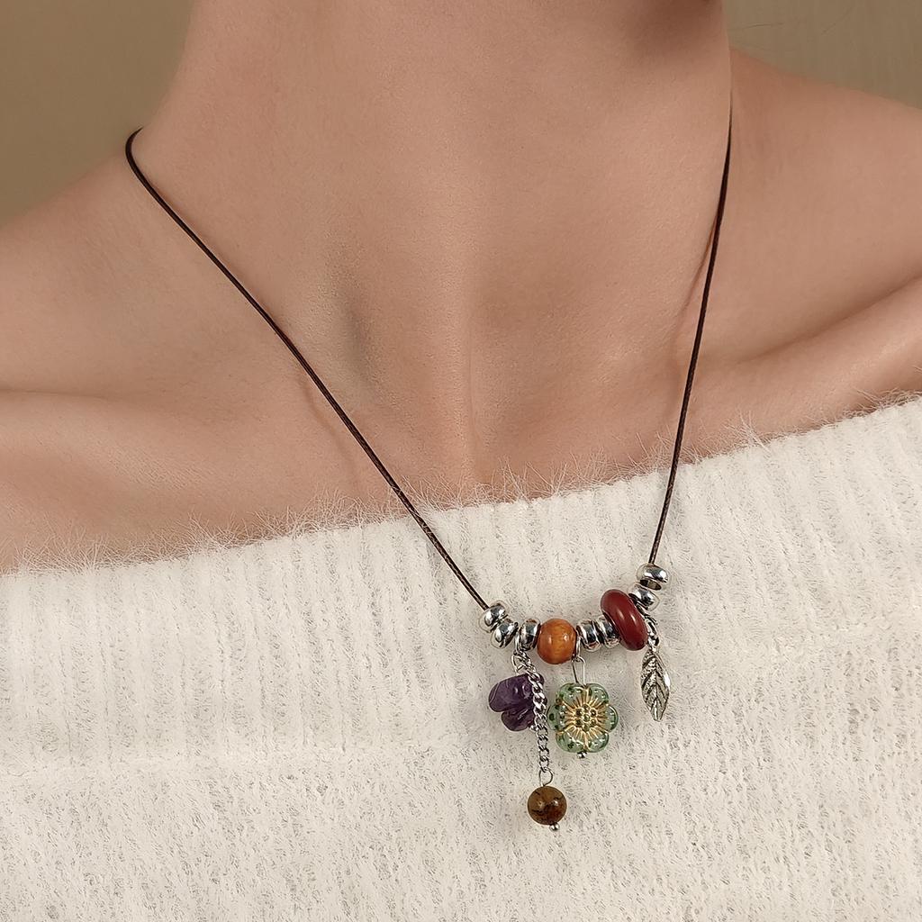 Flower Jelly Bean Beaded Pendant Sweater Chain, Retro Ethnic Style Niche Design Sense Collarbone Chain