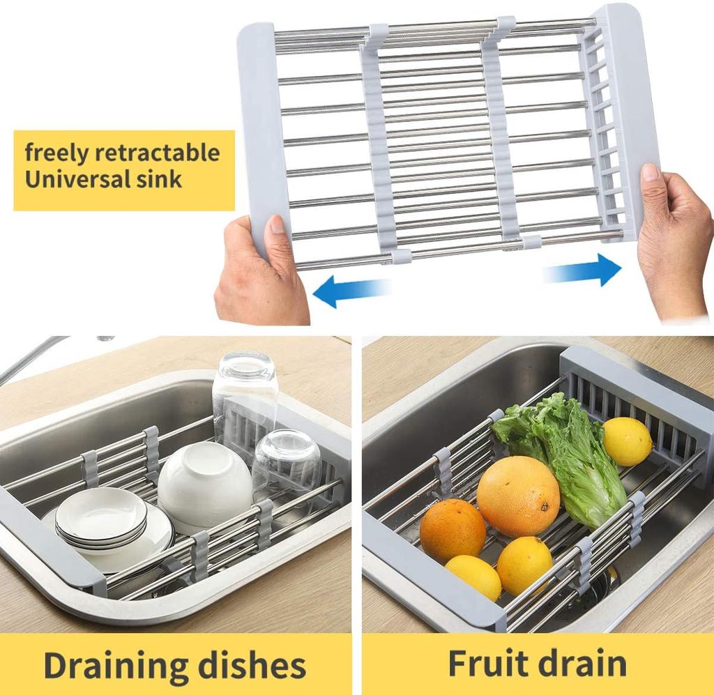 Kitchen Dish Drying Rack,over Sink Telescopic Stainless Steel Dish Rack/drainer,adjustable Vegetable Fruit Drain Basket For Sink