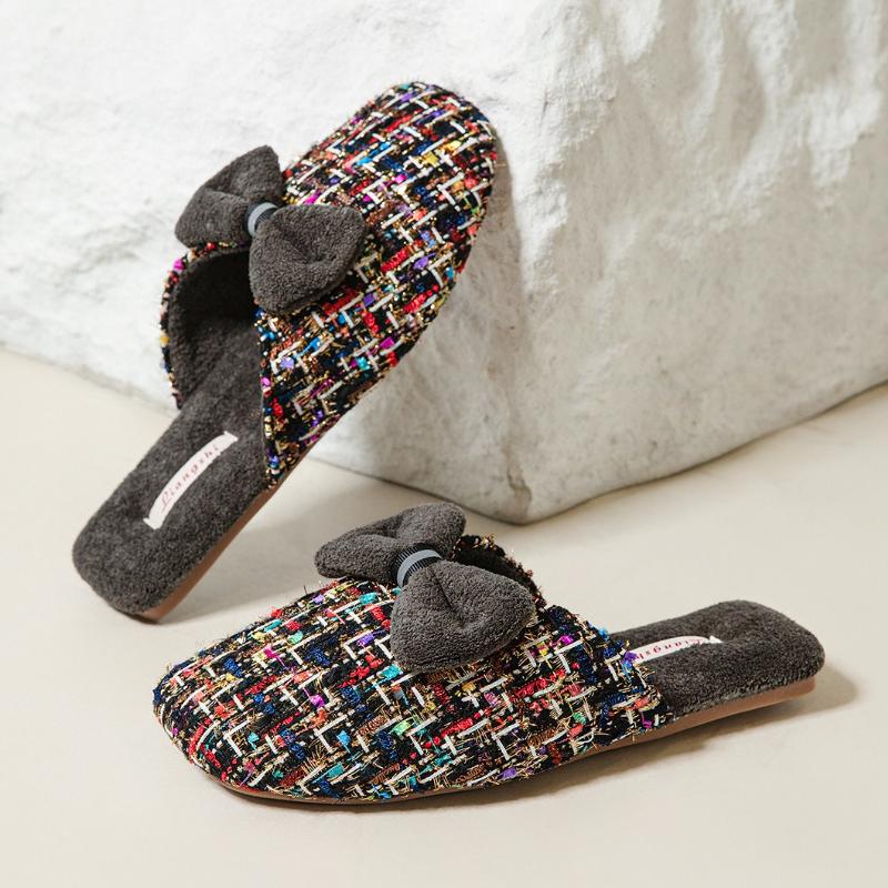 Fashion Luxury Fluffy Cotton Slippers Women Sweet Bow Decoration Brand Designer Shoes Comfortable Lightweight Soft Bottom Home Slippers