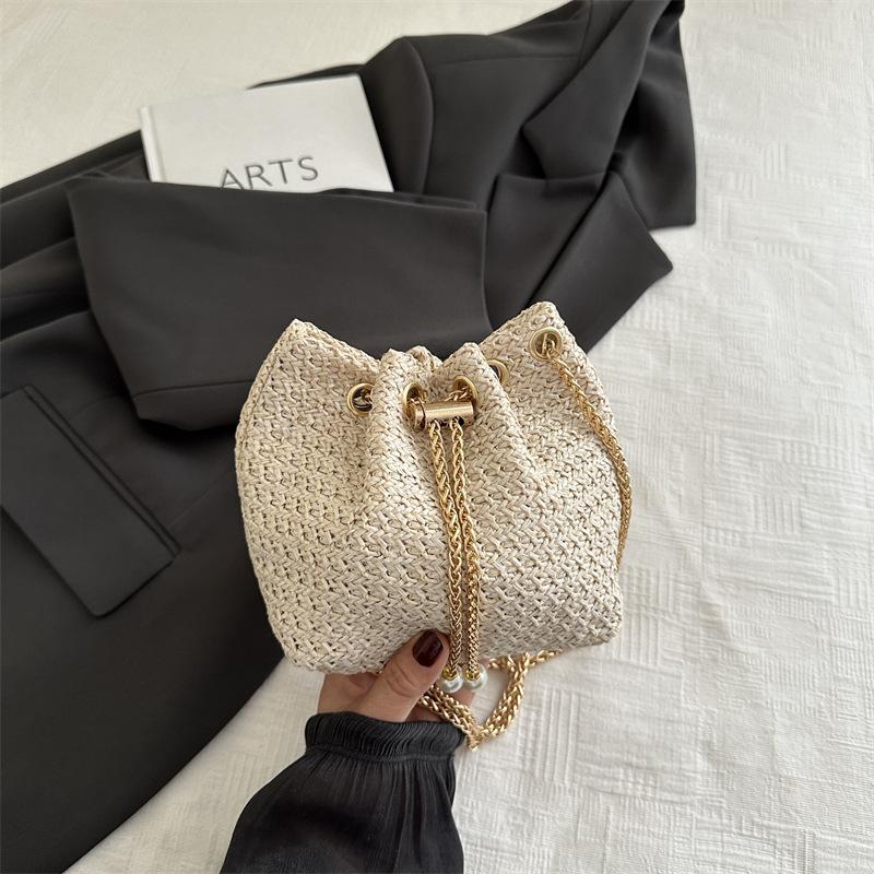 Straw Belt Chain Bucket Bag Women's New Summer Commuting Korean Simple Solid Color Shoulder Messenger Bag