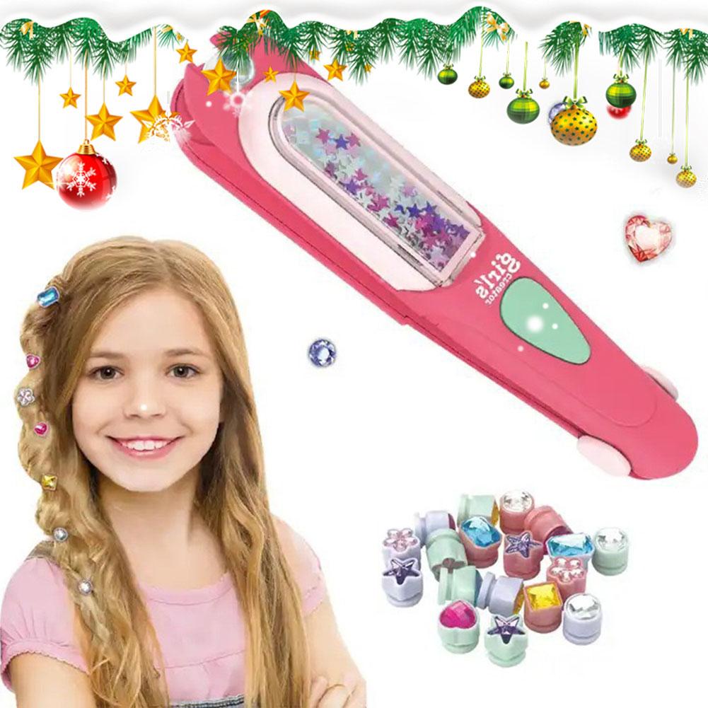 Girls Hair Decoration Kit Hair Gem Stamper With Reusable Shining Diamonds Bling Jewels Diy Styling Pretend Play Dress Up Toy