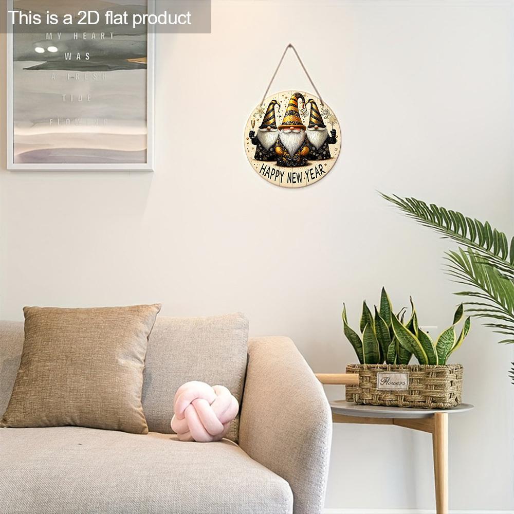 Celebrate The New Year Wooden Ornament with Gnomes Pattern - Happy New Year Round Sign for Front Door, Wall Hanging Decor