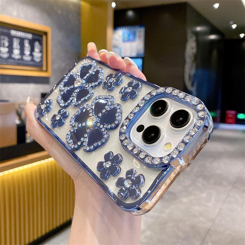 

For iPhone 14 Pro Max Case Flower Rhinestone Decor Glitter TPU Phone Cover Blue