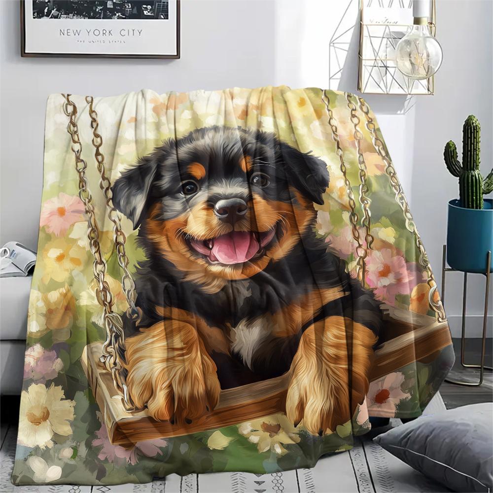 Rottweiler and Garden,pattern Flannel Blanket, High quality Comfortable for All Seasons, Home Decor, Warmth and Comfort, Perfect for Gifts.