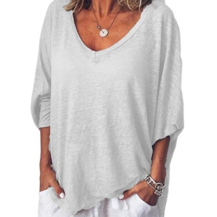 

Breathable Lightweight Women Tshirt V Neck Batwing Sleeve Pullover Top Loose Fit Solid Color Thin Tee M белый