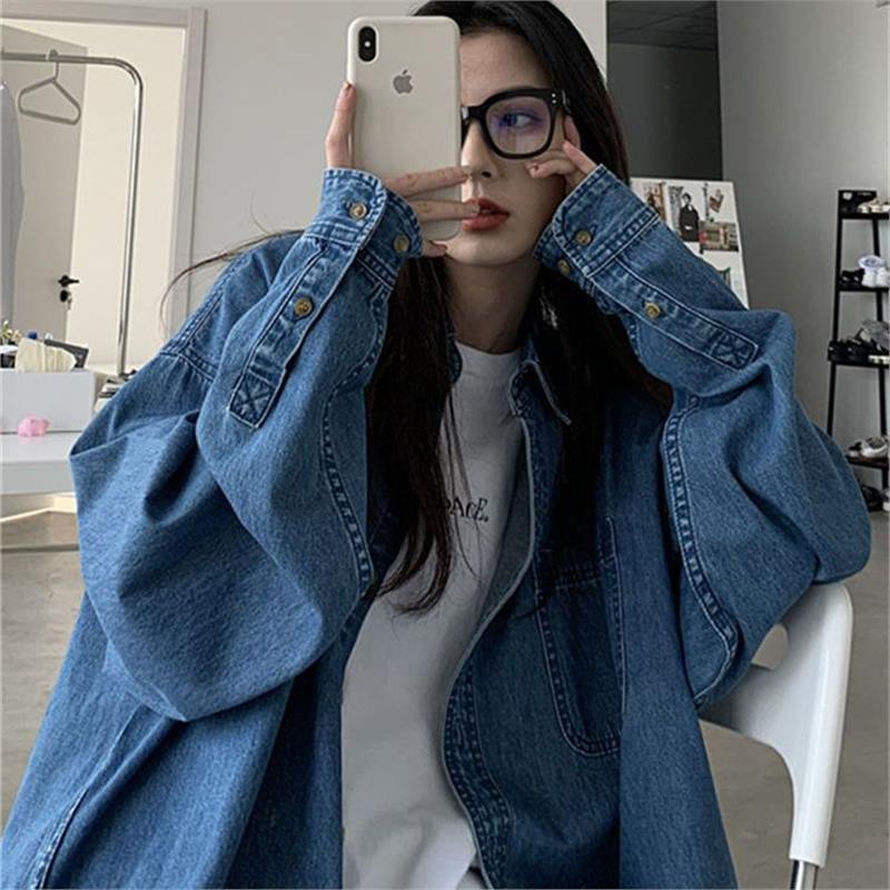 Retro denim shirt women's spring and autumn women's clothing new design sense niche Korean version top loose temperament shirt women