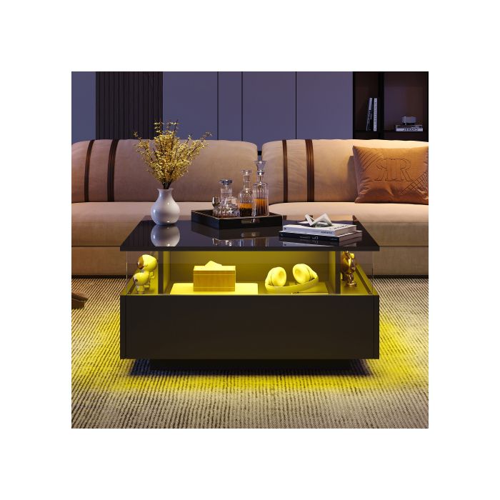 Măsuță de cafea LED modernă și lucioasă, 70*70*41cm, cu 2 sertare și o suprafață de expunere transparentă - capacitate de încărcare de 30kg