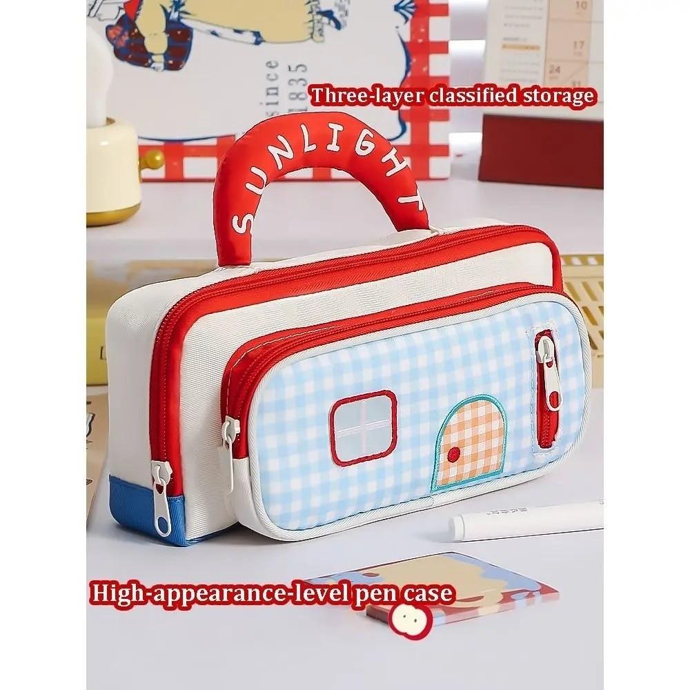 Fashion Large Capacity Pencil Pouch House Design Color-Blocked Pencil Case Handle Portable Pen Bag Student