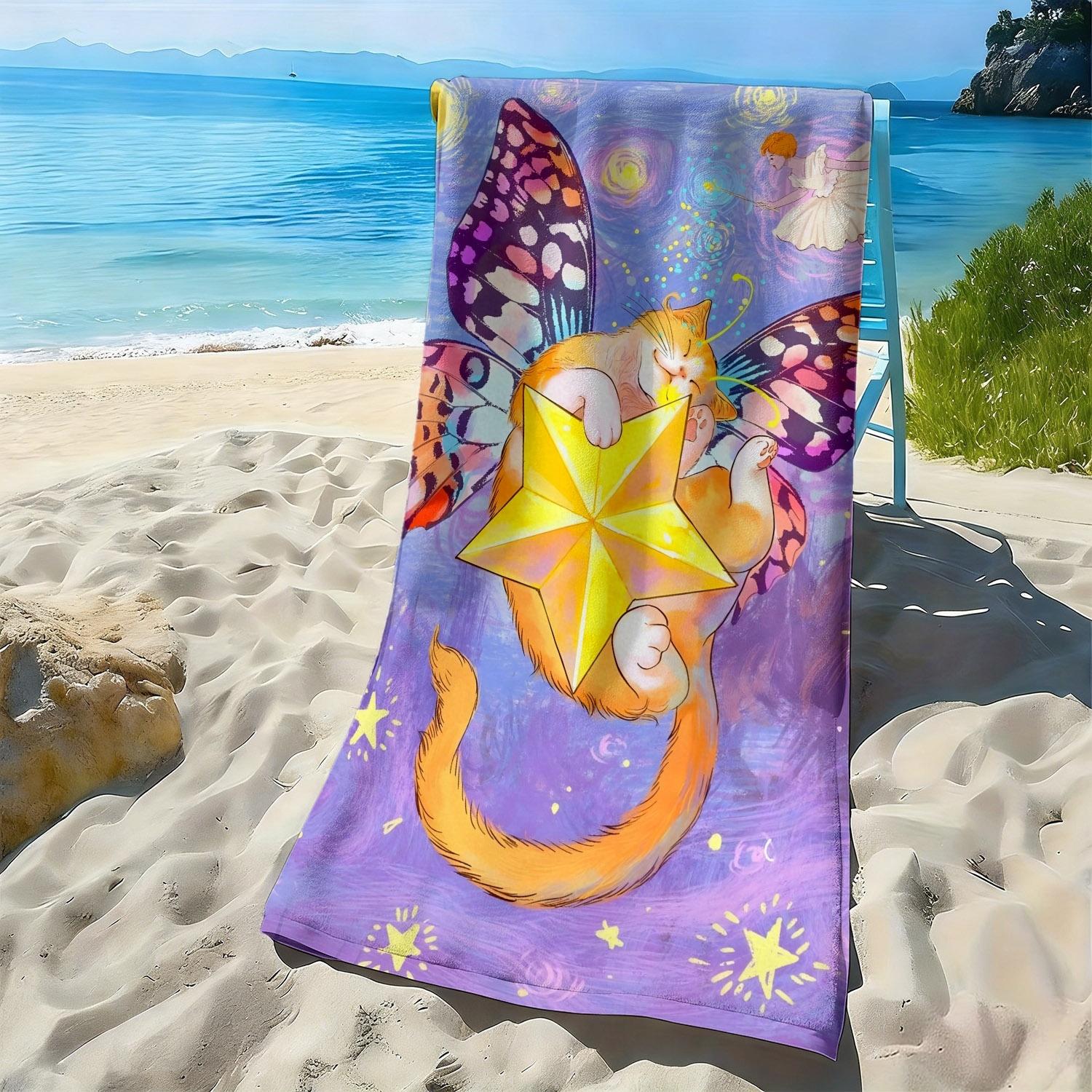 

Dreamy cartoon cats and fairy patterns polyester microfiber beach towel is highly absorbent, suitable swimming and beach outings W40*H60(CM)