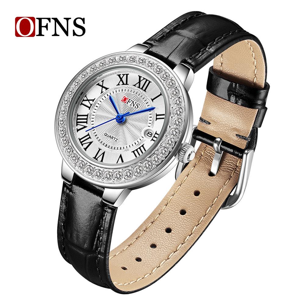 OFNS Women's Luxury Watch: Round Diamond-Inlaid, Versatile Ins Style, Calendar, 30M Waterproof